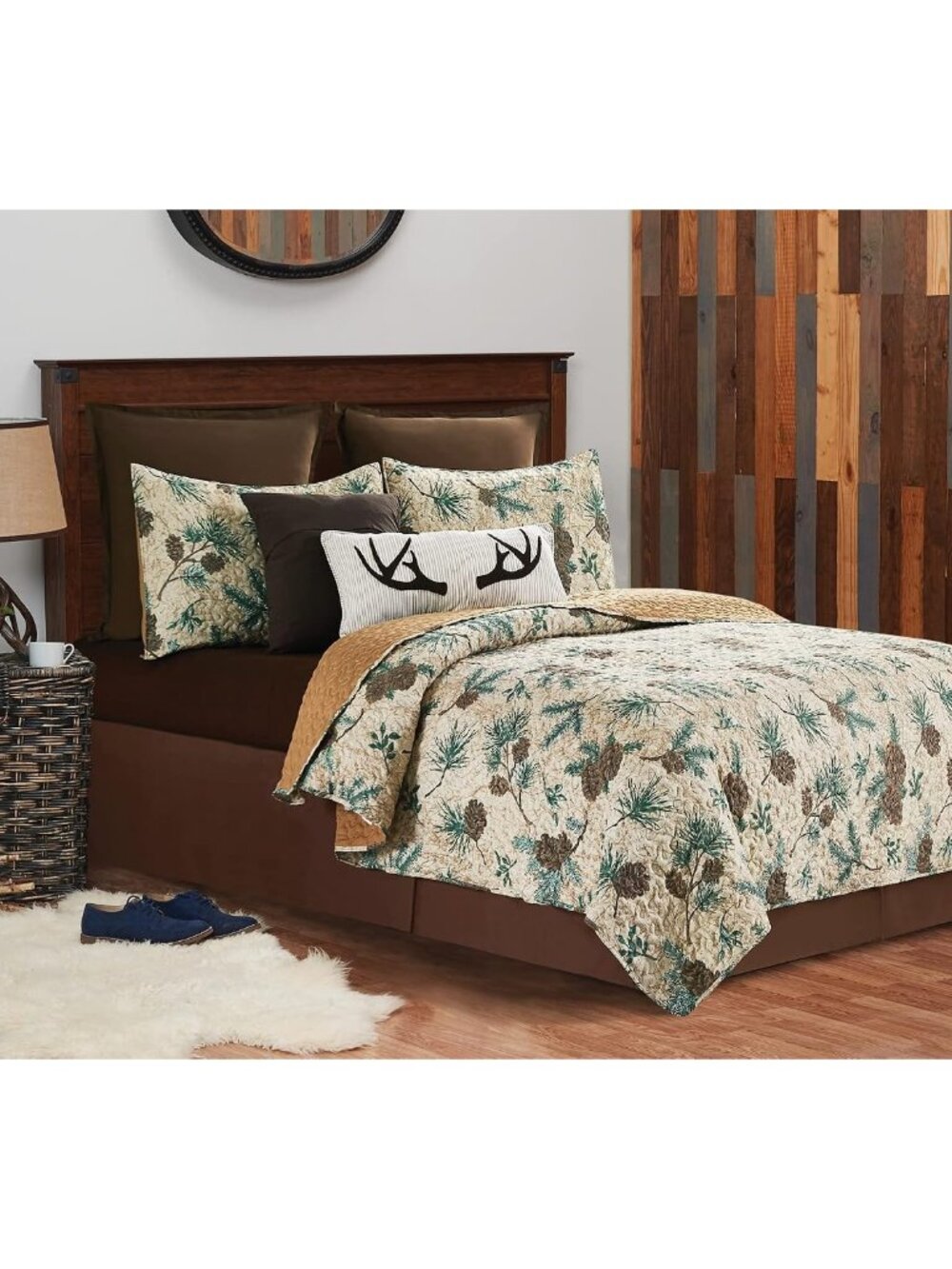 Rustic Pinecones & Needles Twin Quilt Set Lodge Cabin Bedding w/ Sham